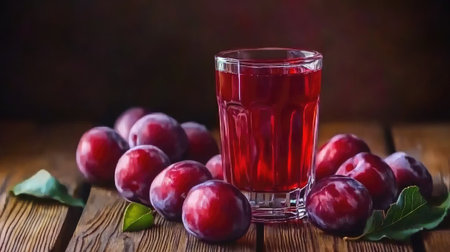 A vibrant glass of red plum juice sits on a rustic wooden table, surrounded by fresh plums, capturing the essence of a healthy and delicious beverage full of flavor.の素材