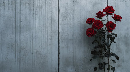 A stunning arrangement of vibrant red roses stands against a textured grey wall, capturing the essence of beauty, love, and elegance in a minimalist setting.の素材