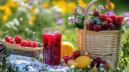 Enjoy a vibrant scene featuring a glass of raspberry lemonade surrounded by fresh raspberries, lemons, and blooming flowers. Perfect for a cheerful summer picnic or garden party.の素材