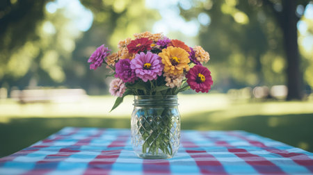 A vibrant bouquet of zinnia flowers in a mason jar sits on a checkered tablecloth, surrounded by soft green foliage, creating a lively and cheerful outdoor dining atmosphere.の素材
