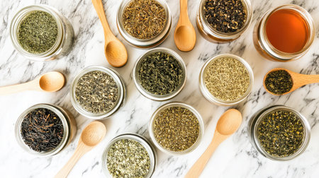 Explore an artistic arrangement of dried herbs and spices in glass jars on a marble background, showcasing the natural beauty and diversity of culinary ingredients for healthful cooking.の素材