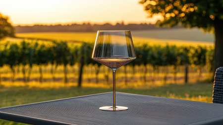 A beautiful wine glass sits on a table against a stunning vineyard backdrop at sunset, embodying a serene moment of relaxation in a picturesque outdoor setting.の素材