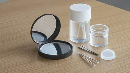 A visually appealing arrangement of professional makeup tools including a compact mirror, tweezers, and skincare bottles set against a wooden surface, ideal for beauty applications.の素材