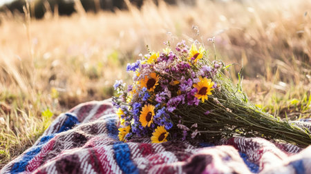 A vibrant bouquet of wildflowers rests on a cozy plaid blanket in a sunlit field, creating a perfect scene for nature lovers and photographers seeking warmth and charm.の素材