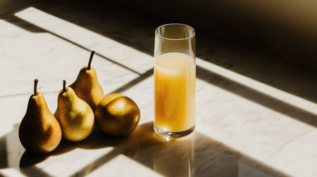 This image showcases fresh pears next to a glass of juice on a marble surface, with soft shadows and natural light creating a warm, inviting atmosphere perfect for culinary inspiration.の素材