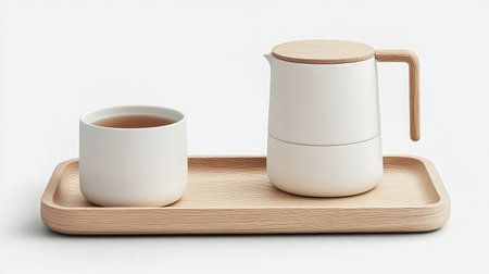 Elegant minimalist tea set featuring a white ceramic cup and pot on a wooden tray, perfect for enhancing modern home decor and providing a relaxing beverage experience.の素材