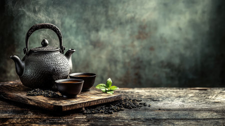 A vintage black teapot emits steam beside two dark tea cups on a wooden board. Fresh mint leaves and loose tea add to the scene's calm and inviting atmosphere, perfect for relaxation.の素材