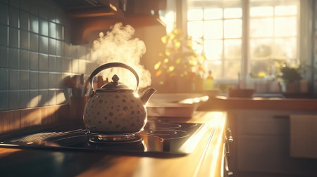 A charming kitchen scene featuring a vintage kettle with steam rising, illuminated by warm sunlight, creating an inviting atmosphere for cooking and relaxation.の素材