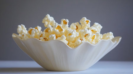 A stunning close-up of fluffy popcorn served in a decorative white bowl, ideal for movie nights, snacking, or gatherings. Enjoy its fluffy texture and buttery flavor!の素材