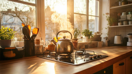 A serene kitchen scene bathed in warm sunlight, featuring a steaming kettle on the stove. Fresh herbs and utensils create an inviting atmosphere perfect for meal preparation.の素材