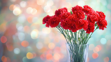 A stunning display of bright red carnations in a clear glass vase, set against a softly blurred colorful background, perfect for celebrations and home decor.の素材