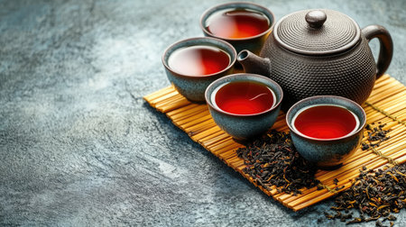 This image showcases a beautiful tea arrangement with a traditional teapot and four cups filled with rich red tea, set against a textured backdrop, exuding warmth and tranquility.の素材