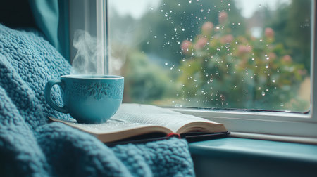This image captures a serene moment with a steaming hot beverage and an open book by a rainy window, evoking feelings of comfort and relaxation on a cozy morning.の素材