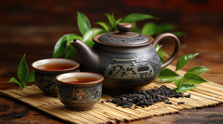 A beautiful arrangement featuring a traditional teapot with steaming tea and cups placed on a bamboo mat, complemented by fresh green leaves, perfect for a tranquil tea experience.の素材