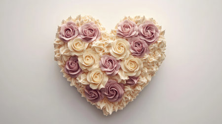 A stunning heart-shaped cake adorned with beautifully crafted cream roses in soft pink and white, perfect for romantic occasions and celebrations of love.の素材