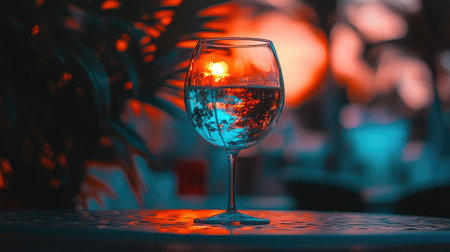 A stunning image of a glass of water capturing the warm glow of the sunset, surrounded by a tranquil atmosphere, perfect for evoking relaxation and beauty in any design.の素材