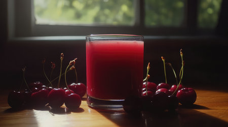 A glass of fresh cherry juice sits on a wooden table, surrounded by ripe cherries, illuminated by soft natural light for a refreshing and inviting feel.の素材