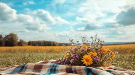 Enjoy a serene view of a vibrant wildflower bouquet resting on a cozy blanket in a sunny meadow. The blue sky and fluffy clouds create a perfect atmosphere for relaxation.の素材