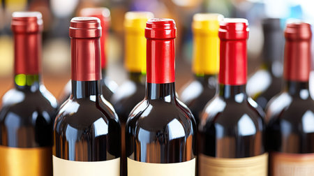 A stunning arrangement of wine bottles with colorful seals invites you to indulge in rich flavors and celebrate moments. Perfect for culinary or hospitality-themed projects.の素材