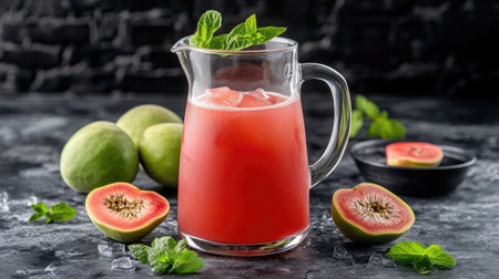 A vibrant guava drink served in a clear pitcher, garnished with fresh mint leaves and ice, accompanied by ripe guava slices on a dark rustic background.の素材