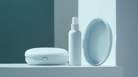 A serene still life image showcasing white cosmetic products arranged thoughtfully on a surface, ideal for beauty and skincare presentations or branding purposes.の素材