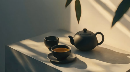 A serene still life featuring a black teapot with matching cups, set on a soft surface. The interplay of light and shadow creates a peaceful ambiance perfect for tea enjoyment.の素材