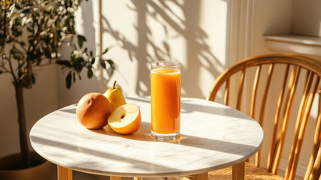A vibrant scene featuring a glass of refreshing orange juice alongside fresh apples and a pear placed on a charming round table illuminated by natural sunlight.の素材