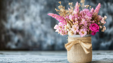A charming arrangement of pink flowers in a rustic jar adds a touch of elegance to any setting, perfect for home decor, events, or as a thoughtful gift.の素材