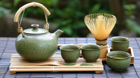 A serene arrangement featuring a traditional green tea set with a teapot, cups, and bamboo whisk, surrounded by lush greenery, perfect for relaxation and wellness themes.の素材