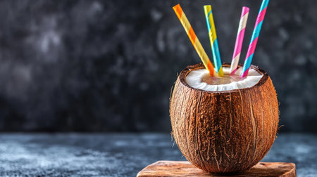 Enjoy a delicious coconut drink served with colorful straws, perfect for summer refreshments and tropical vibes, ideal for relaxing under the sun.の素材