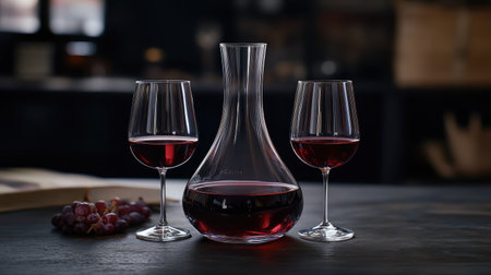 Discover an elegant wine decanter paired with two glasses and fresh grapes on a wooden table, creating a cozy atmosphere perfect for relaxed wine tasting and intimate gatherings.の素材
