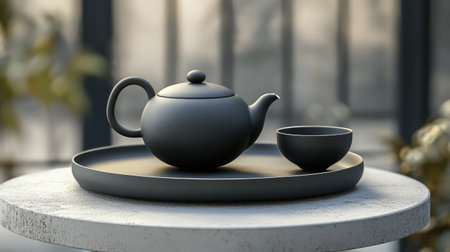 A minimalist composition featuring a black teapot and cup on a simple tray, embodying elegance and tranquility in home decor, ideal for tea lovers and serene settings.の素材