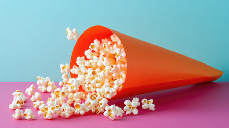 A striking image of a vibrant orange cone filled with fluffy popcorn spilling onto a pink surface, set against a soft blue background, perfect for illustrating snack time enjoyment.の素材