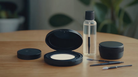A visually appealing arrangement of beauty products on a wooden table showcases a minimalist aesthetic, highlighting skincare and makeup essentials for a modern lifestyle.の素材
