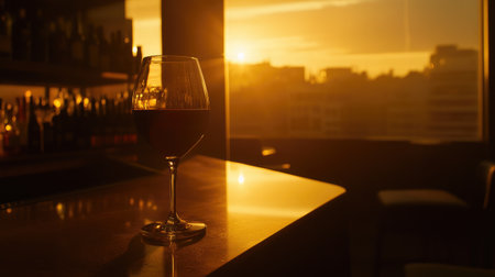 A beautiful glass of red wine sits gracefully on a bar counter, illuminated by the warm glow of a sunset, creating a cozy and elegant lounge atmosphere perfect for relaxation.の素材