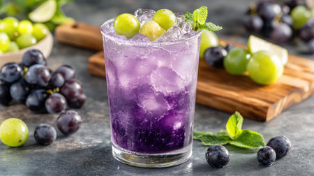 A vibrant purple grape cocktail sits in a glass filled with ice, garnished with mint and green grapes, perfect for summer gatherings and indulgent moments.の素材