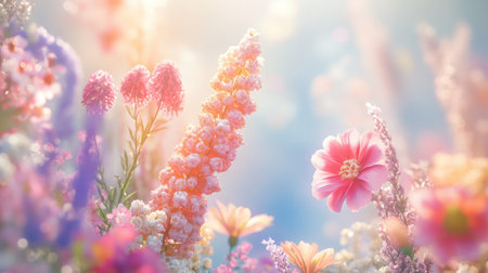 A serene image of a vibrant flower garden featuring colorful blossoms, illuminated by soft sunlight, creating an atmosphere of natural beauty and tranquility.の素材