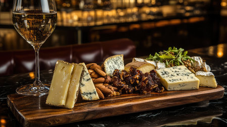 A sophisticated cheese platter showcases assorted varieties, including blue cheese, complemented by nuts and dried fruits, with a glass of white wine, perfect for elegant dining.の素材