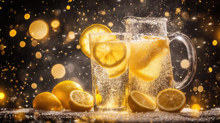 Enjoy a dazzling glass of sparkling lemonade in a festive atmosphere, complete with fresh lemon slices and a shimmering bokeh background for a vibrant summer feel.の素材