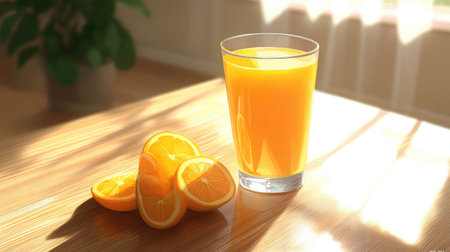 A refreshing glass of orange juice sits on a wooden table next to bright orange slices. Soft sunlight creates a warm and inviting atmosphere, perfect for any morning.の素材