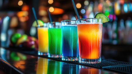 A captivating display of vibrant cocktails in an upscale bar, showcasing colorful layers and garnished with lime, perfect for summer celebrations and social gatherings.の素材