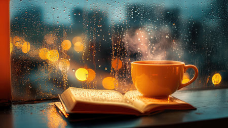 A cozy ambiance featuring a yellow coffee cup and an open book beside a rain-soaked window, creating a serene atmosphere perfect for relaxation and reflection.の素材