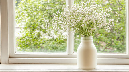 A charming white milk jar filled with lovely baby's breath flowers sits on a sunlit window sill, bringing a sense of serenity and natural beauty to any indoor space.の素材