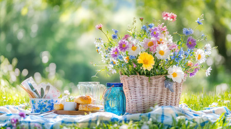 Enjoy a delightful picnic scene featuring a lush basket of colorful wildflowers, pastries, and beverages, all set against a serene green lawn on a sunny day.の素材