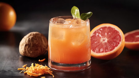 A stunning citrus cocktail presented in a glass with ice, garnished with orange leaves, complemented by fresh oranges and zest, perfect for vibrant beverage photography.の素材