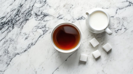 A beautifully styled cup of hot tea alongside sugar cubes and a milk jug on a marble countertop, ideal for cozy moments and elegant gatherings.の素材