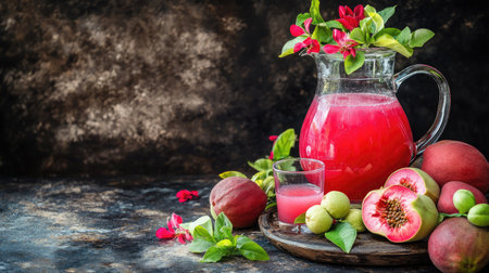 A vibrant pitcher of refreshing fruit juice rests on a rustic wooden tray, accompanied by assorted juicy fruits and colorful floral accents. Perfect for summer gatherings.の素材