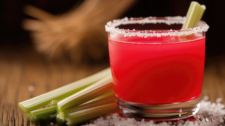 A vibrant cocktail featuring a salted rim and fresh celery garnish, set on a wooden table. This image captures the essence of refreshing summer drinks perfect for celebrations.の素材