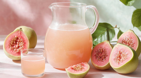 A beautiful pitcher of pink guava juice accompanied by fresh guavas, showcasing a refreshing drink perfect for hot days or healthy meals. Ideal for summer gatherings and lifestyle choices.の素材
