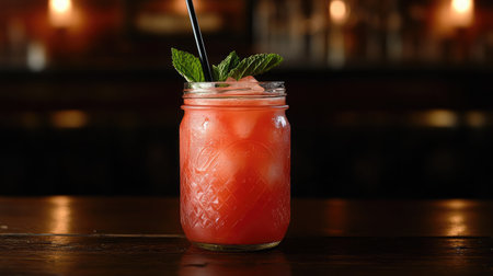 A vibrant beverage served in a mason jar with ice and mint leaves, perfect for summer parties or cozy indoor gatherings. Capture the essence of refreshment and flavor.の素材